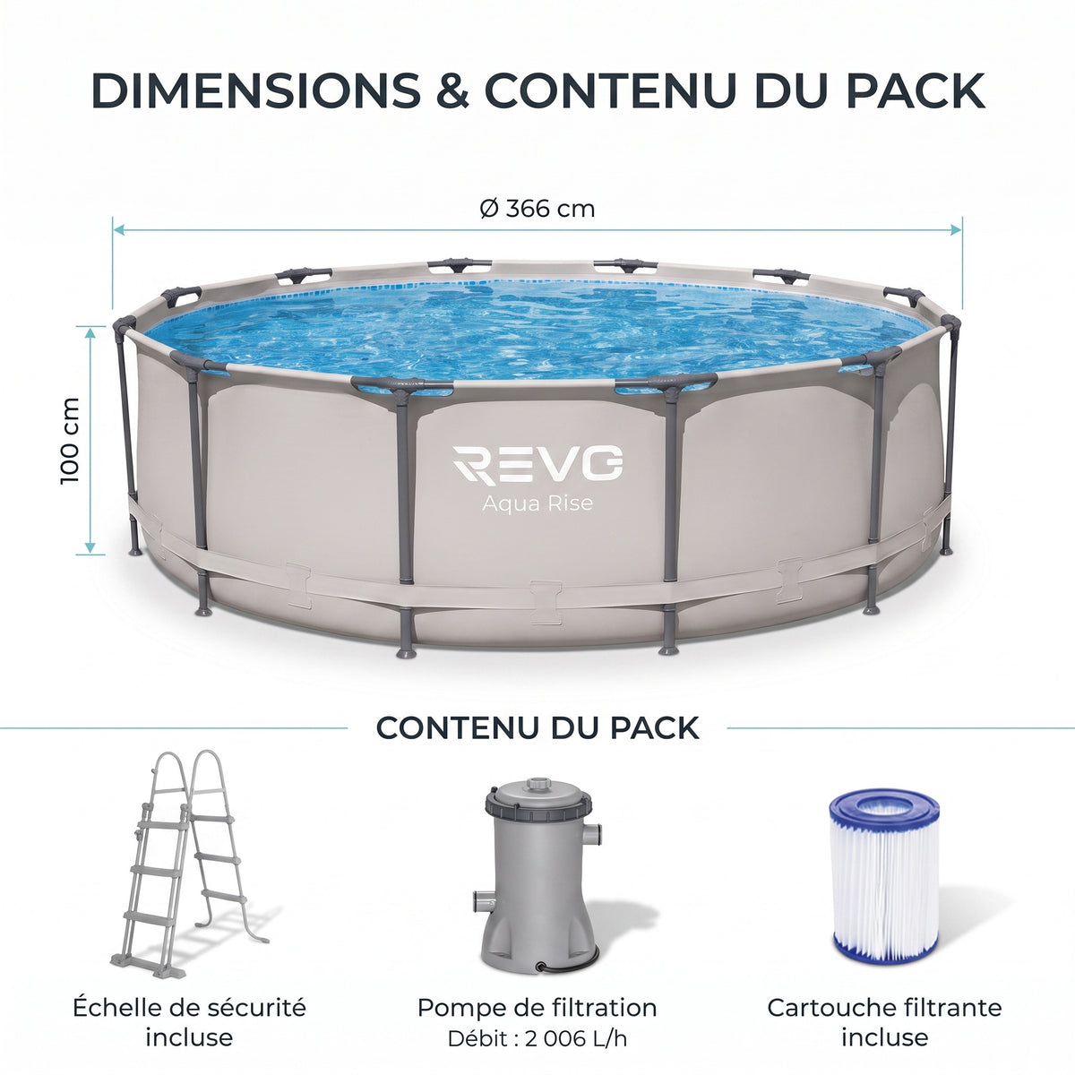 Piscine Hors-Sol Ronde REVO Aqua Rise – Ø366 × 100 cm – 9 150 L – Filtration & Échelle Incluses