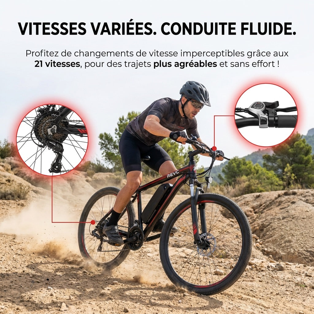 Vélo Électrique VTT REVO Ridge 65 – 250 W – Autonomie jusqu’à 65 km – Batterie Amovible 13 Ah – 21 Vitesses – Pneus 26