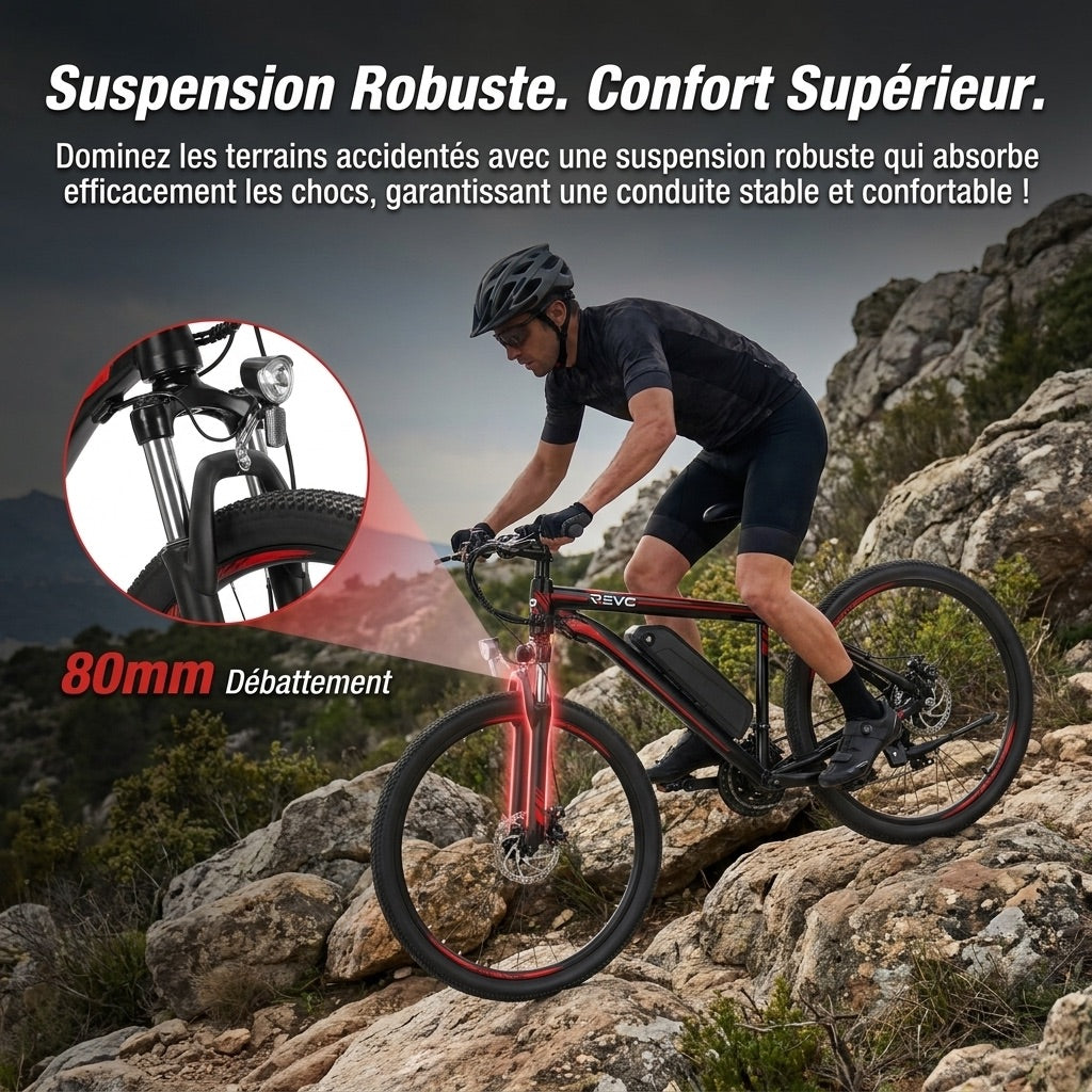 Vélo Électrique VTT REVO Ridge 65 – 250 W – Autonomie jusqu’à 65 km – Batterie Amovible 13 Ah – 21 Vitesses – Pneus 26