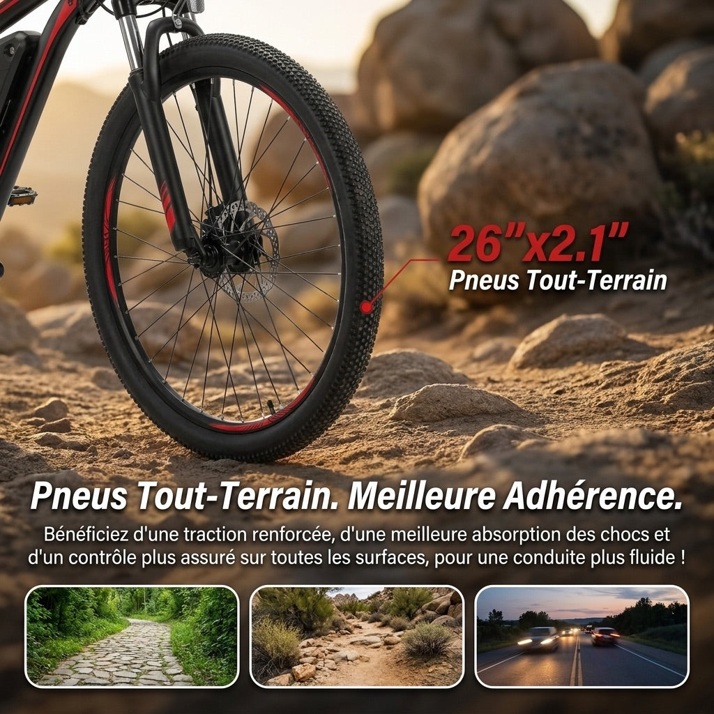 Vélo Électrique VTT REVO Ridge 65 – 250 W – Autonomie jusqu’à 65 km – Batterie Amovible 13 Ah – 21 Vitesses – Pneus 26