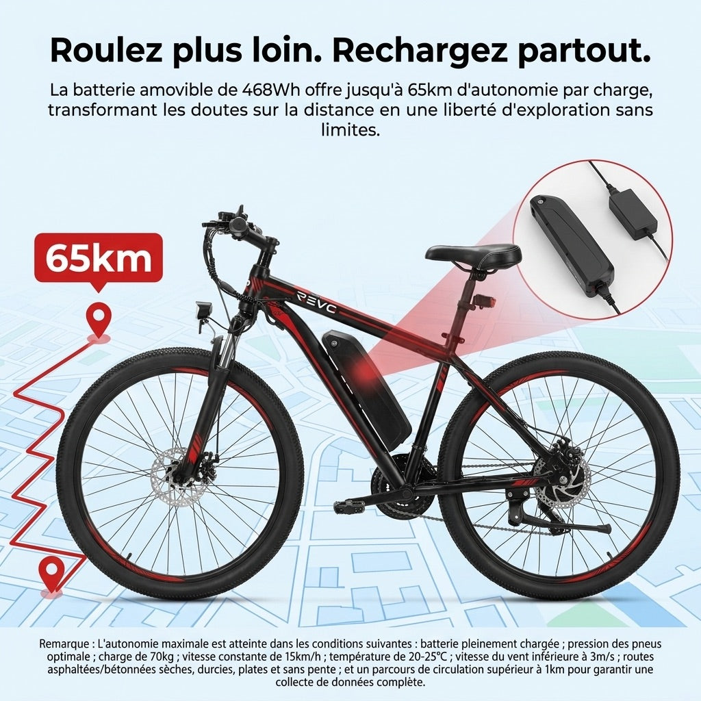 Vélo Électrique VTT REVO Ridge 65 – 250 W – Autonomie jusqu’à 65 km – Batterie Amovible 13 Ah – 21 Vitesses – Pneus 26