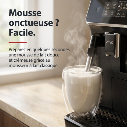 Machine à Café à Grains REVO Crema – Expresso Broyeur Automatique 1 500 W – 2 Cafés – Écran Tactile – Mousseur à Lait – 1,8 L