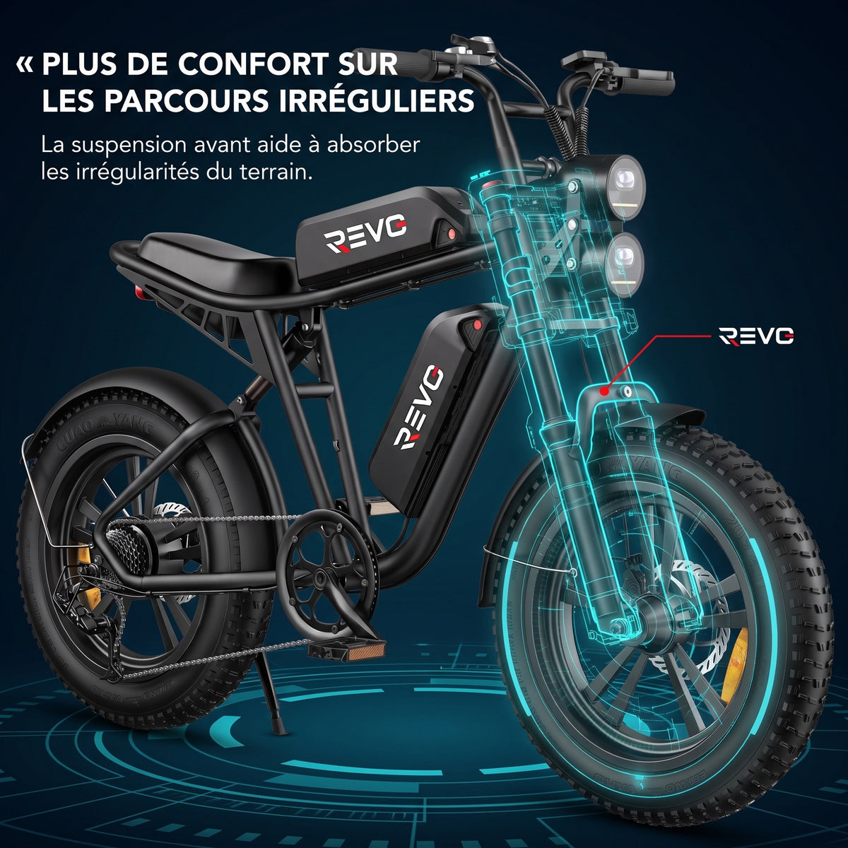 Vélo Électrique Fat Bike REVO Canyon 150 – 250 W, Double Batterie 48 V 13 Ah, Autonomie jusqu’à 150 km, Pneus 20" × 4.0 & 7 Vitesses