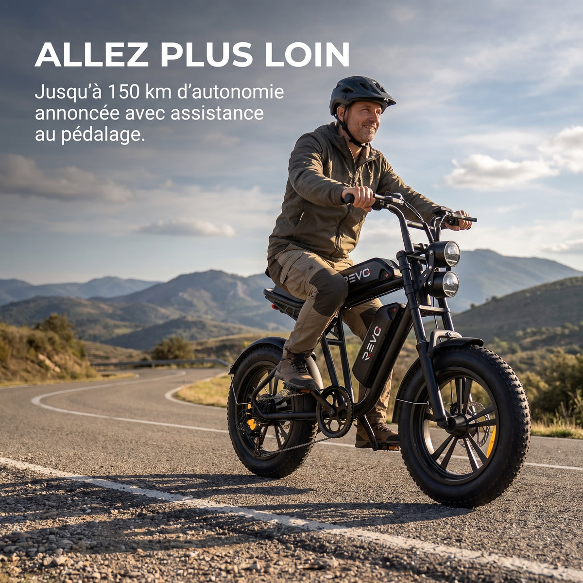 Vélo Électrique Fat Bike REVO Canyon 150 – 250 W, Double Batterie 48 V 13 Ah, Autonomie jusqu’à 150 km, Pneus 20" × 4.0 & 7 Vitesses