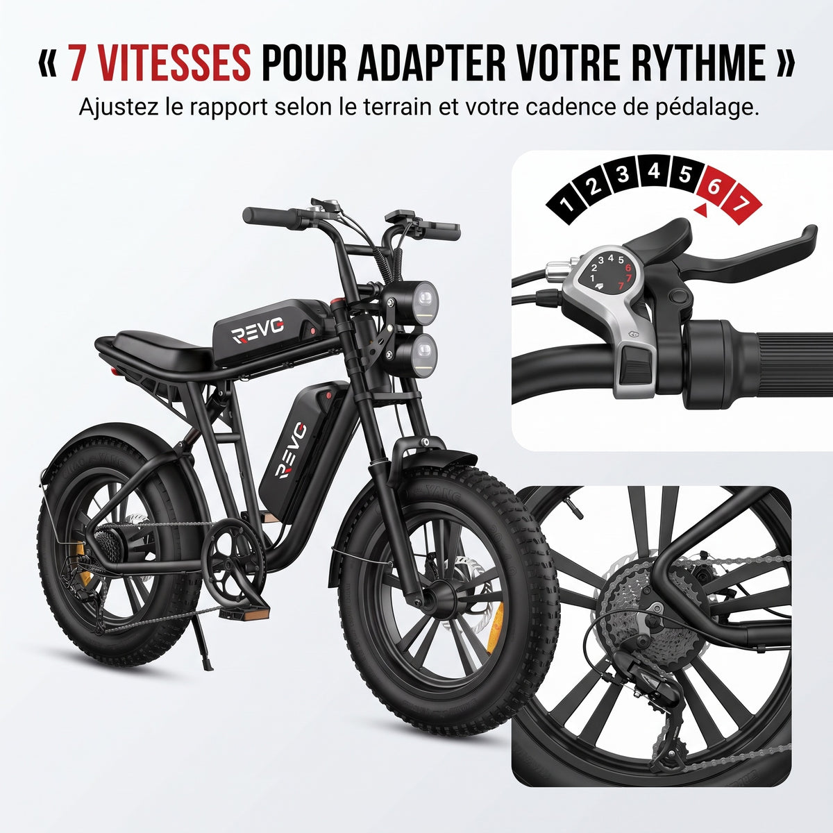 Vélo Électrique Fat Bike REVO Canyon 150 – 250 W, Double Batterie 48 V 13 Ah, Autonomie jusqu’à 150 km, Pneus 20" × 4.0 & 7 Vitesses