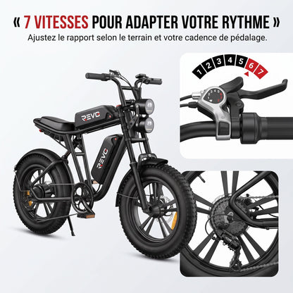 Vélo Électrique Fat Bike REVO Canyon 150 – 250 W, Double Batterie 48 V 13 Ah, Autonomie jusqu’à 150 km, Pneus 20" × 4.0 & 7 Vitesses