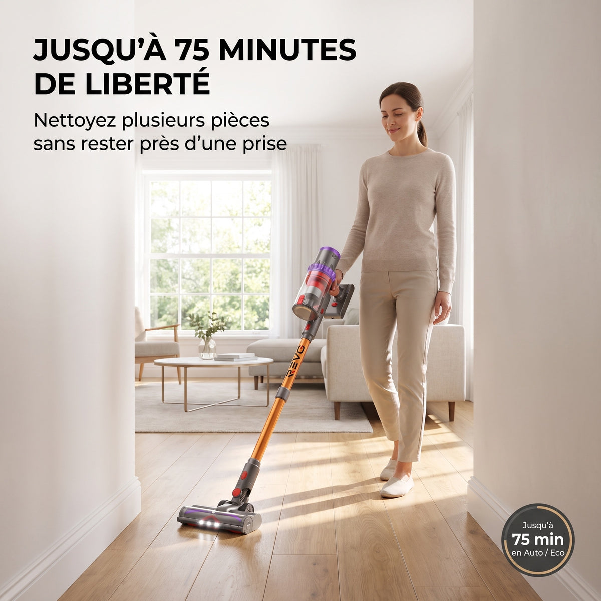Aspirateur Balai Sans Fil REVO Flux 58 – 580 W, Jusqu’à 75 min d’Autonomie, Détection Automatique & Écran Tactile LED