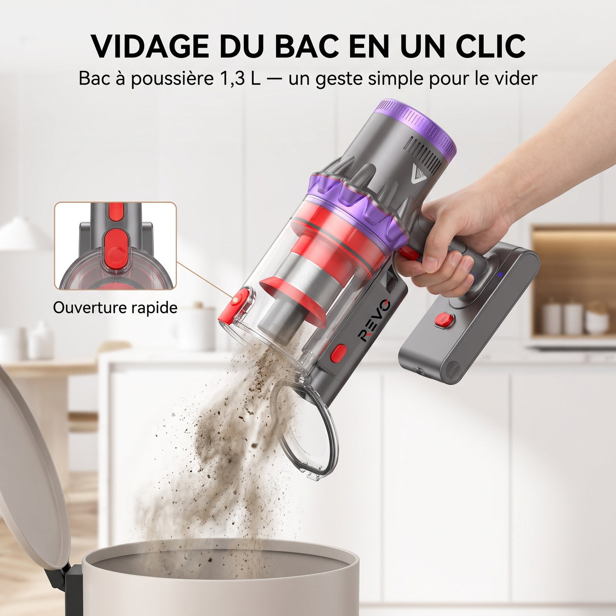 Aspirateur Balai Sans Fil REVO Flux 58 – 580 W, Jusqu’à 75 min d’Autonomie, Détection Automatique & Écran Tactile LED