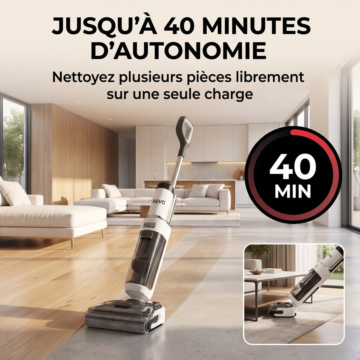 Aspirateur Laveur REVO Solvia 20 – 20 kPa, Inclinaison 180°, Auto-Nettoyage 70 °C & Autonomie 40 min