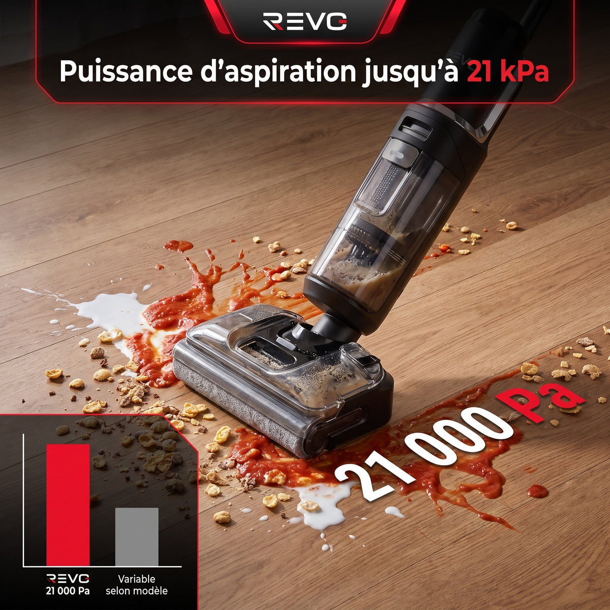 Aspirateur Laveur Sans Fil REVO Glide 21 – 21 000 Pa, Position à Plat 180°, Autonomie 50 min & Auto-Nettoyage 85°C